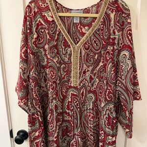 Catherines Red and Cream Paisley Tunic with Gold Sequin Neck
